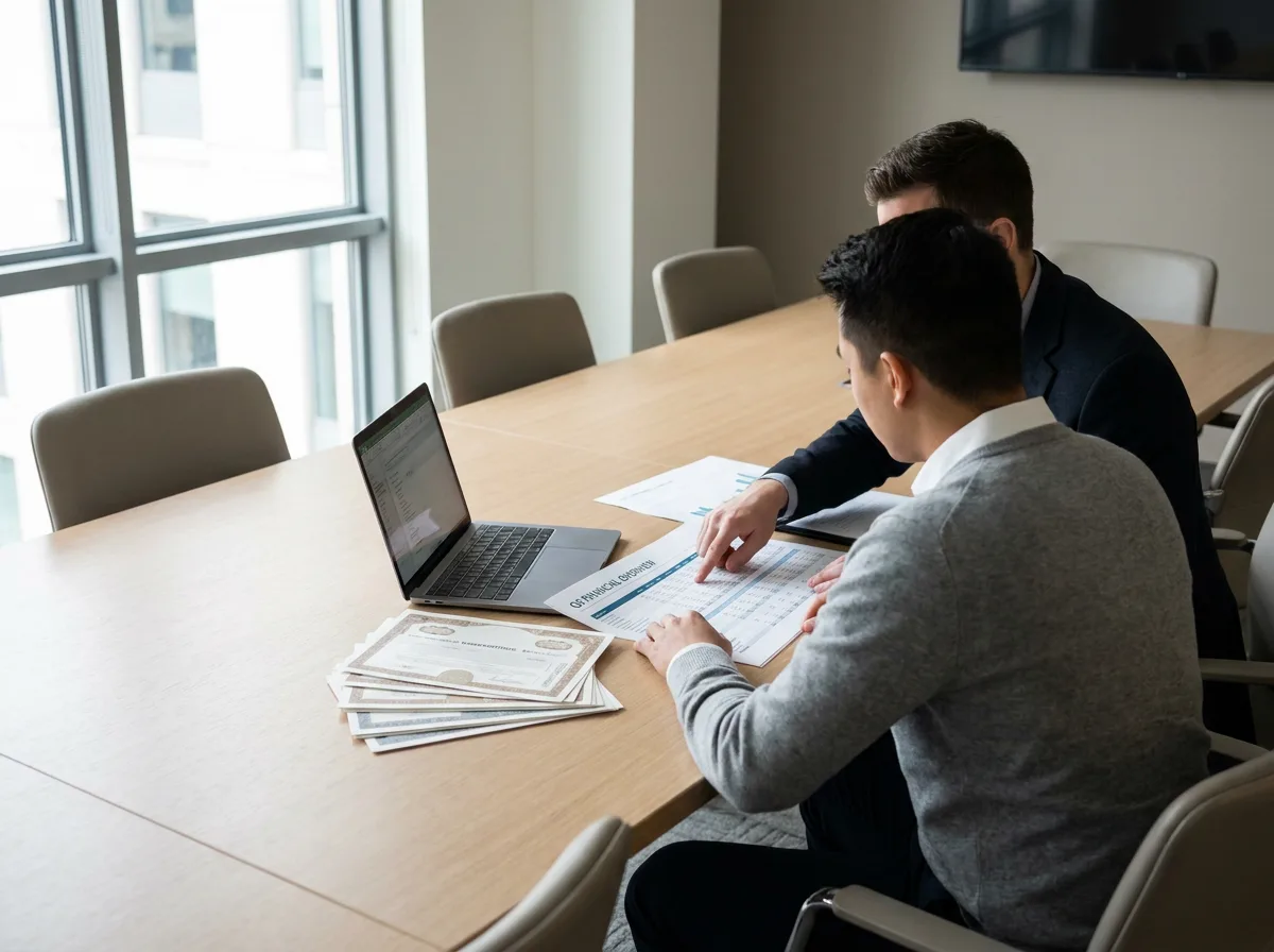 Two professionals reviewing financial documents and stock certificates at an office table