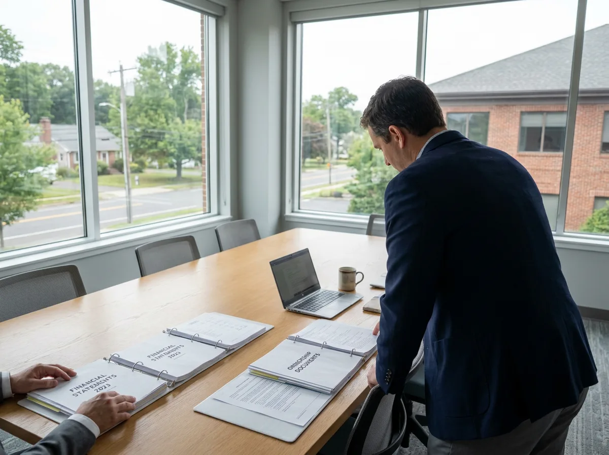 Two business professionals reviewing financial documents at a wooden conference table with natural window lighting