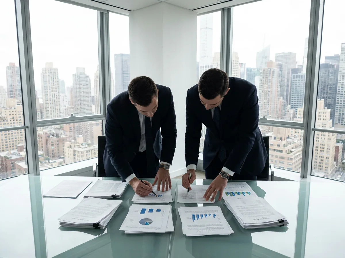 Two professionals review financial documents at a glass conference table with Manhattan skyline visible through windows