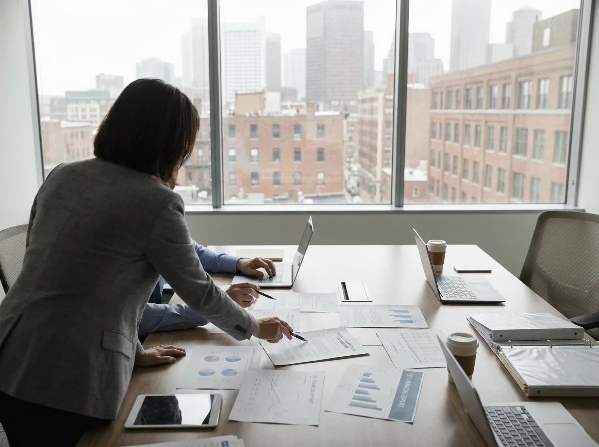 Two professionals review financial documents at a conference table in a modern office with natural light