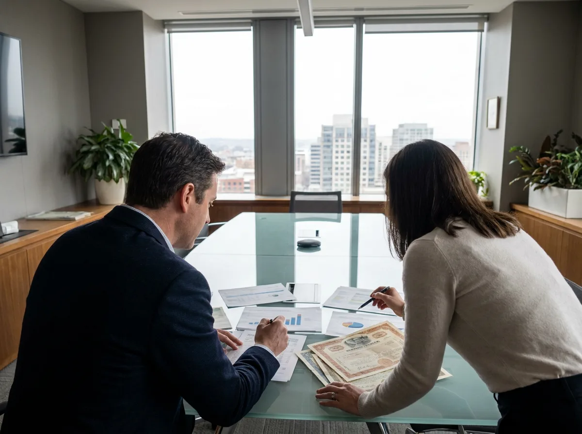Two professionals reviewing financial documents and stock certificates at a glass conference table in natural daylight