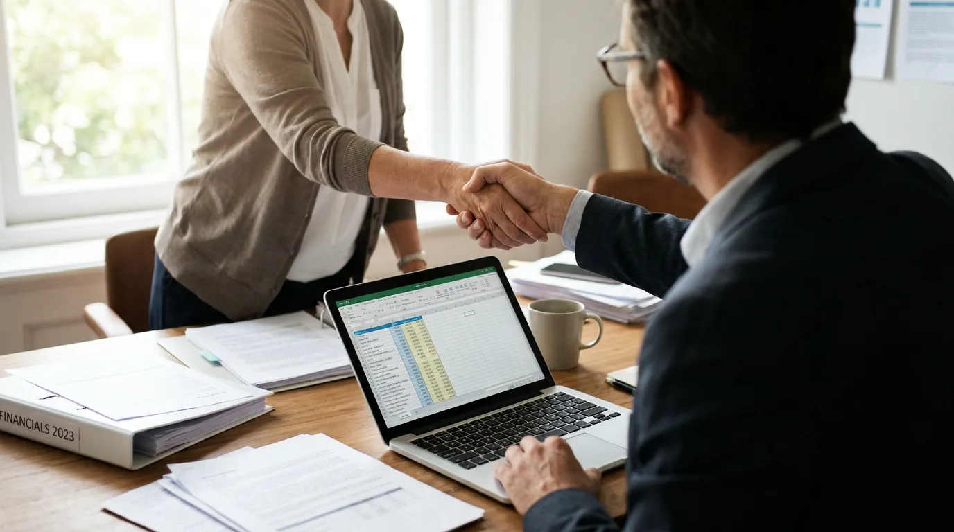 Business appraiser and owner shaking hands at desk with financial statements and laptop