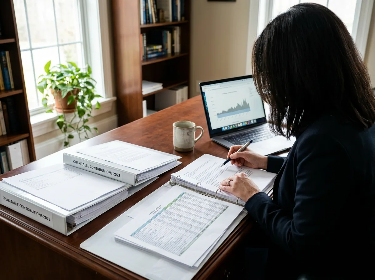 Professional reviewing charity donation documents and financial statements at wooden desk with laptop
