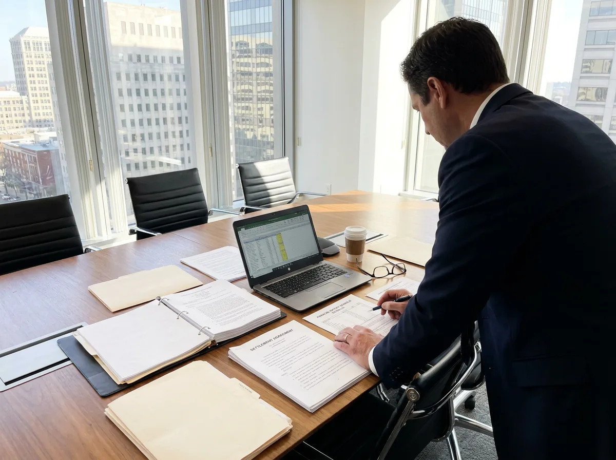 Attorney reviewing settlement and financial documents at conference table with laptop