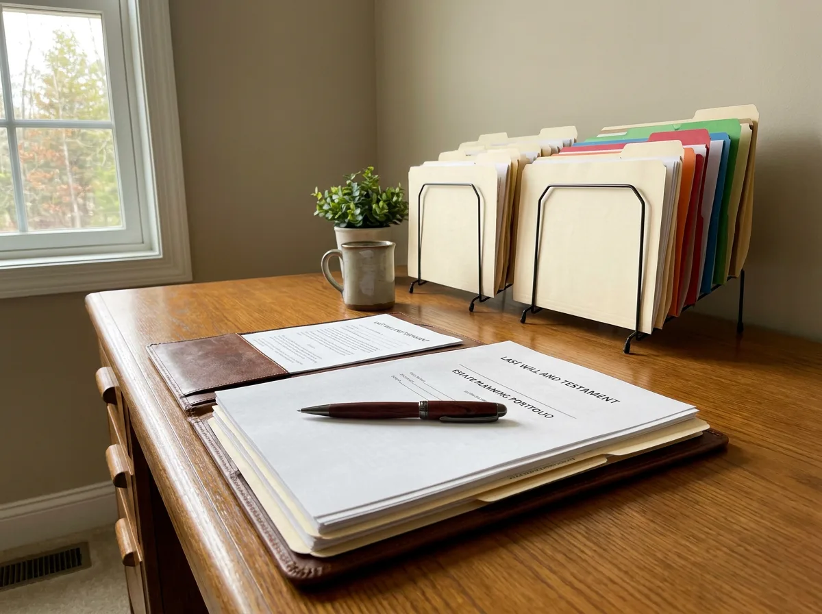 Office desk with will and estate planning documents, pen, and organized folders