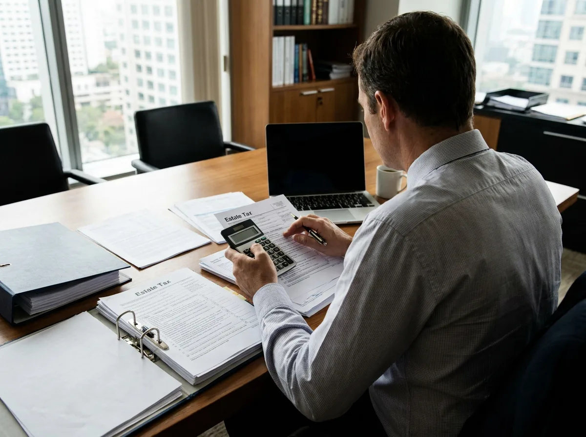Professional reviewing estate tax forms and financial documents on wooden desk with natural window light