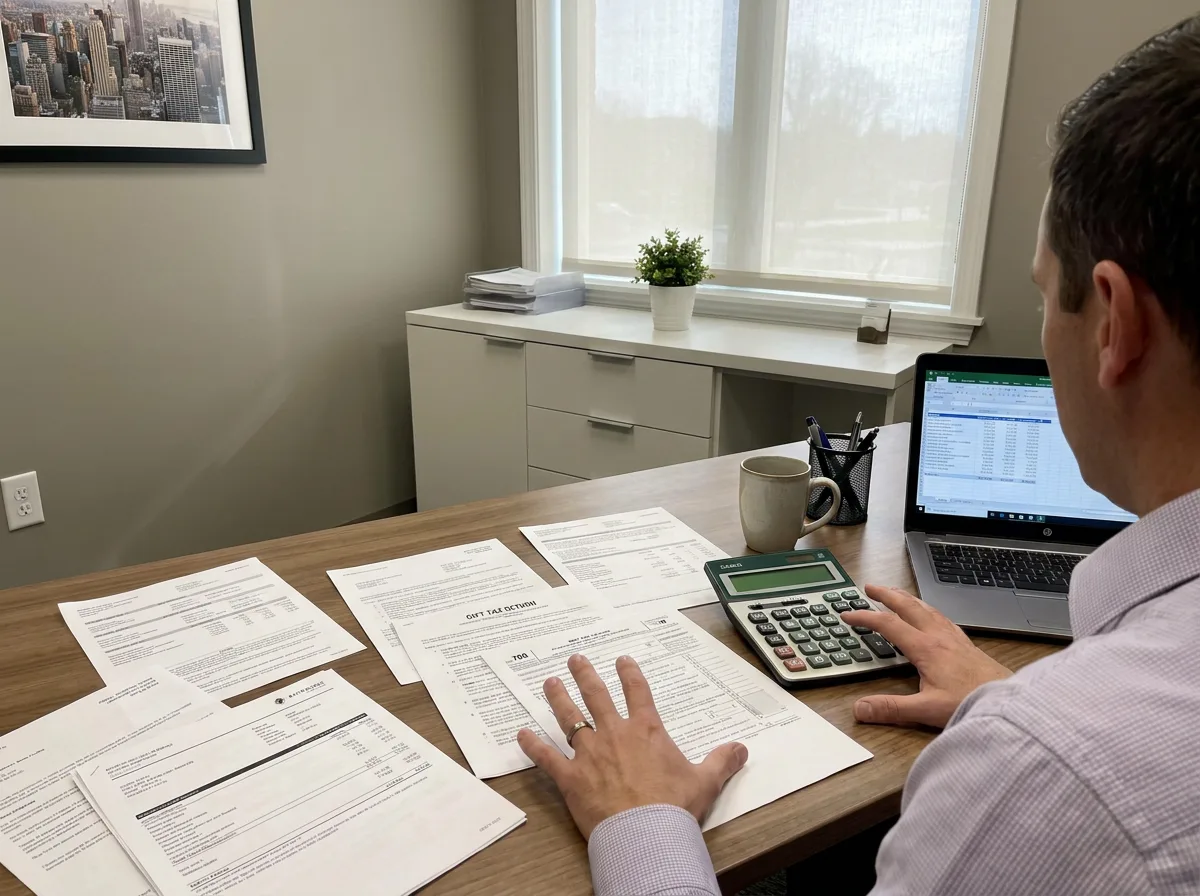 Financial advisor reviewing gift tax documents at wooden desk with calculator and laptop