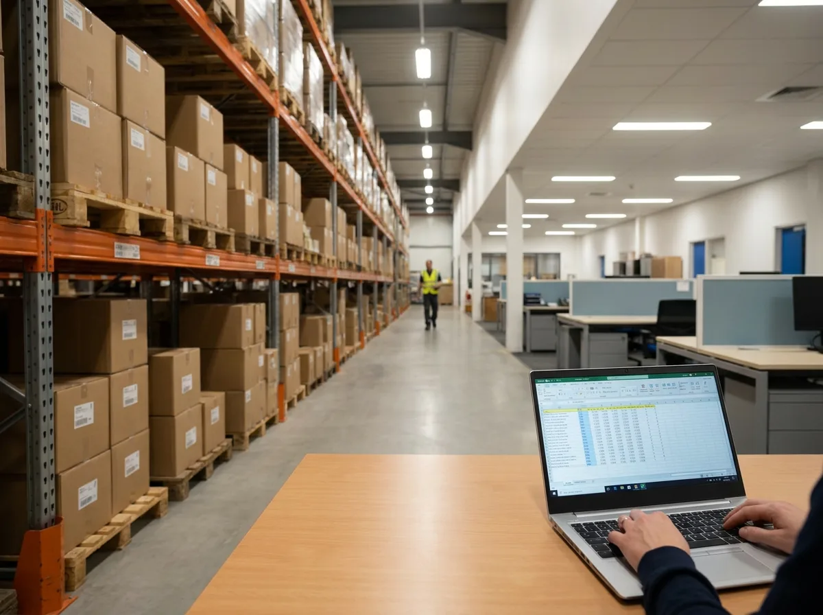 Warehouse aisle with stacked pallets beside office desk displaying inventory spreadsheet on laptop