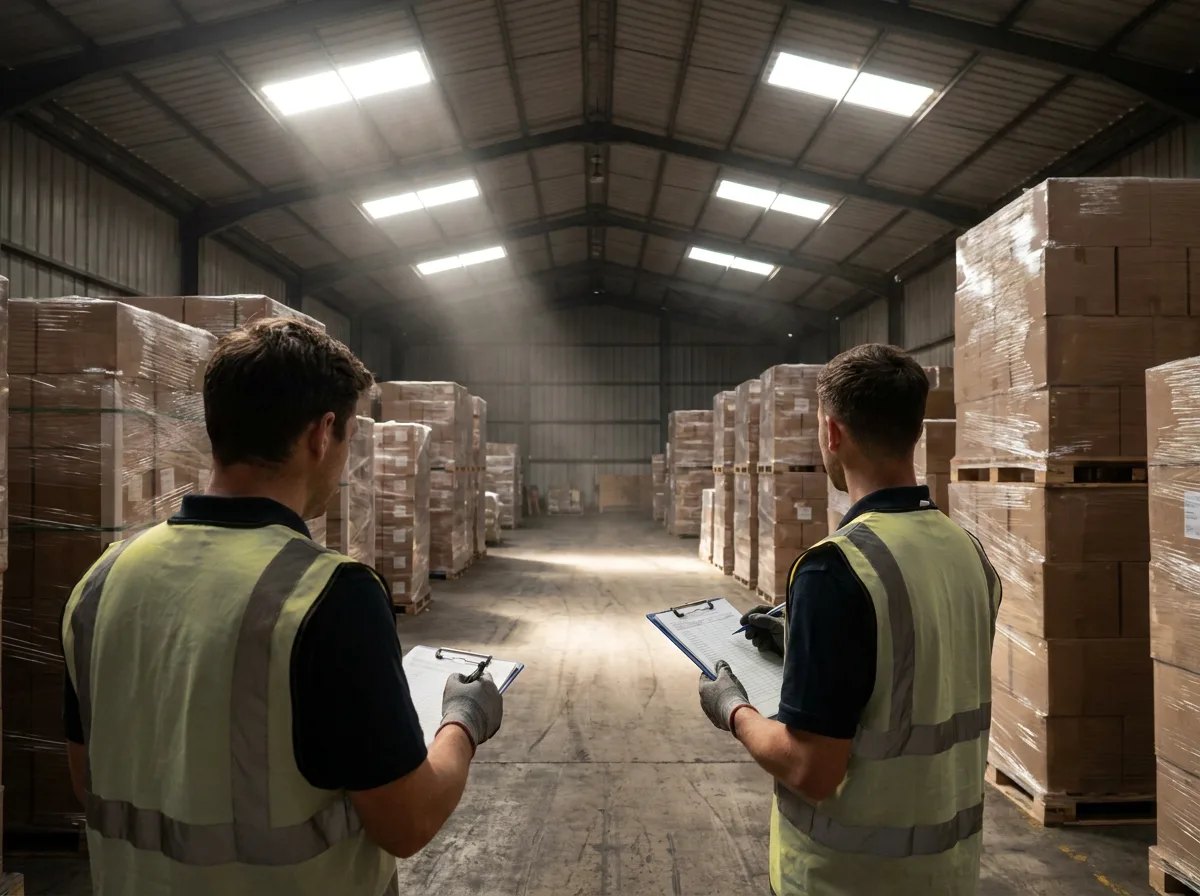 Warehouse worker with clipboard standing behind stacked pallets of boxed inventory under skylights
