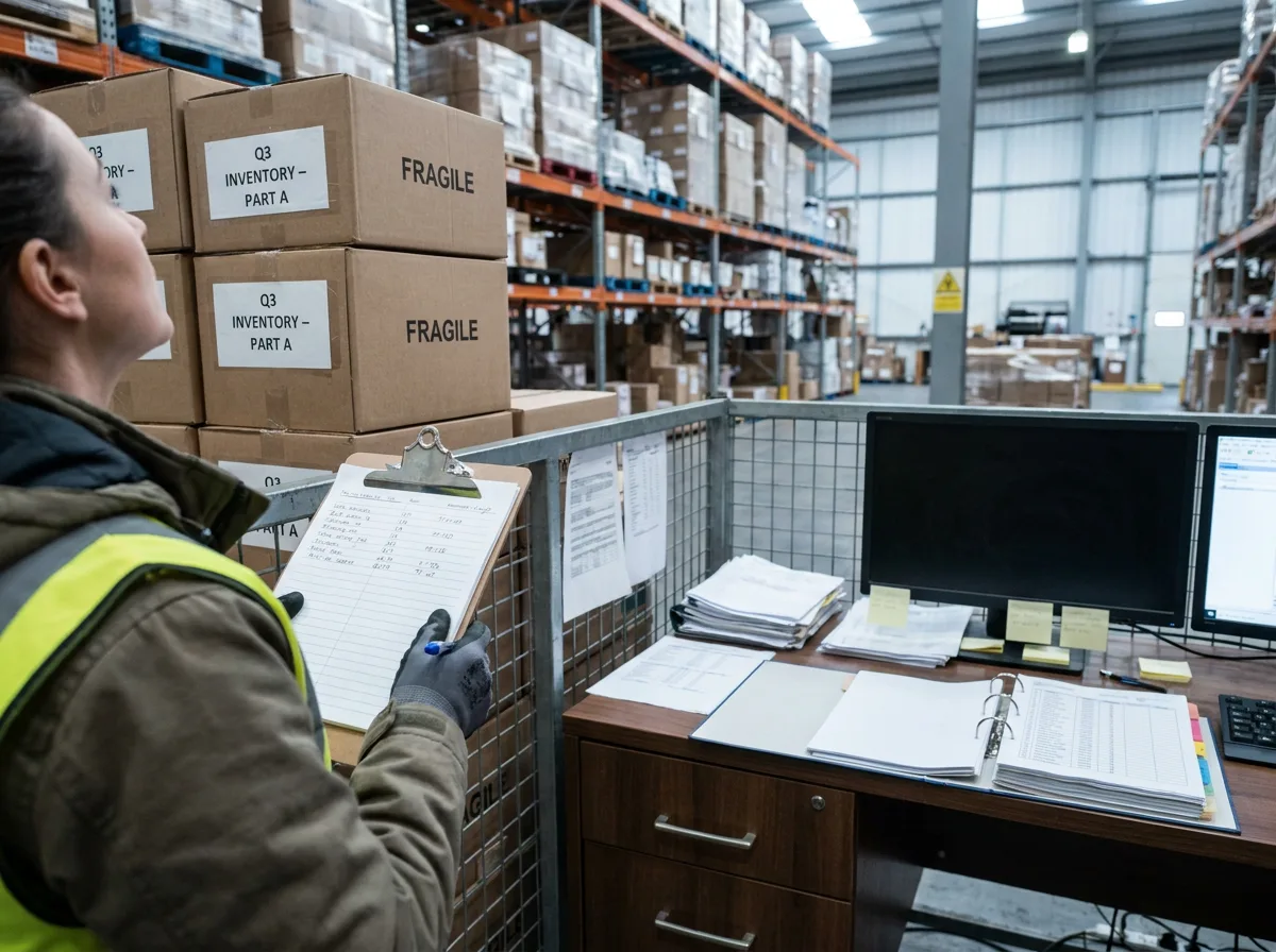 Worker with clipboard inspecting labeled boxes on warehouse shelves with office desk and inventory sheets in background