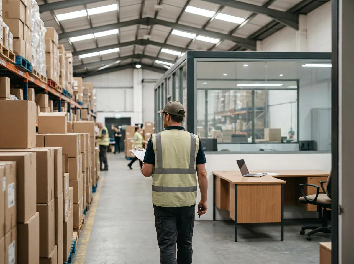 Warehouse worker reviewing labeled boxes on clipboard in aisle with office visible through glass partition