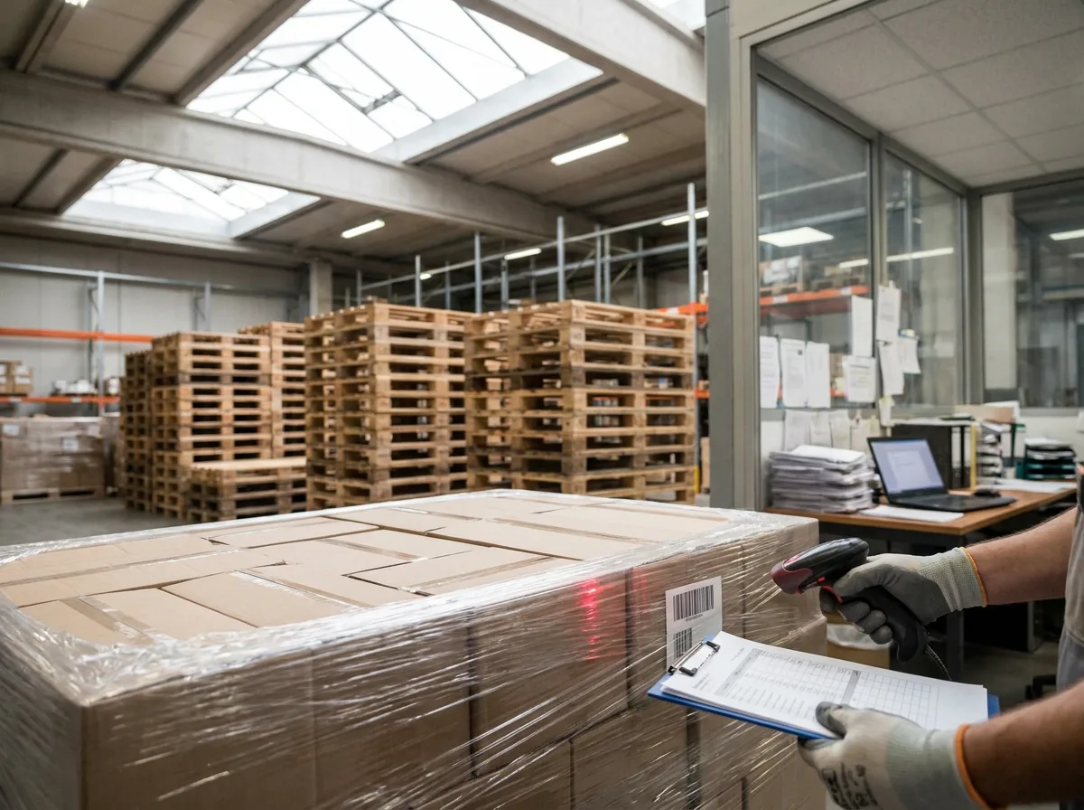 Warehouse worker with clipboard scanning stacked pallets of boxes under skylights, office desk with laptop visible