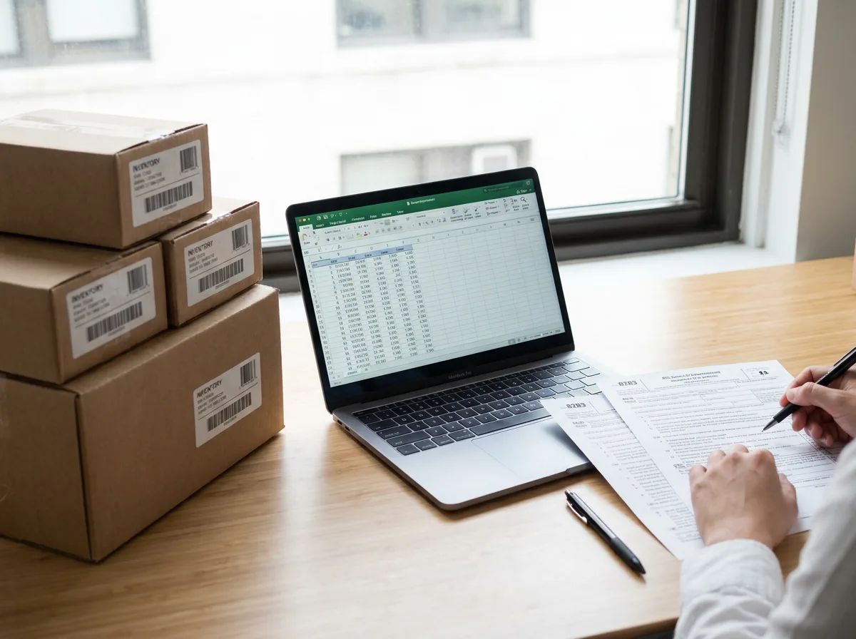 Office desk with stacked cardboard boxes, laptop showing spreadsheet data, IRS Form 8283, and pen in natural daylight