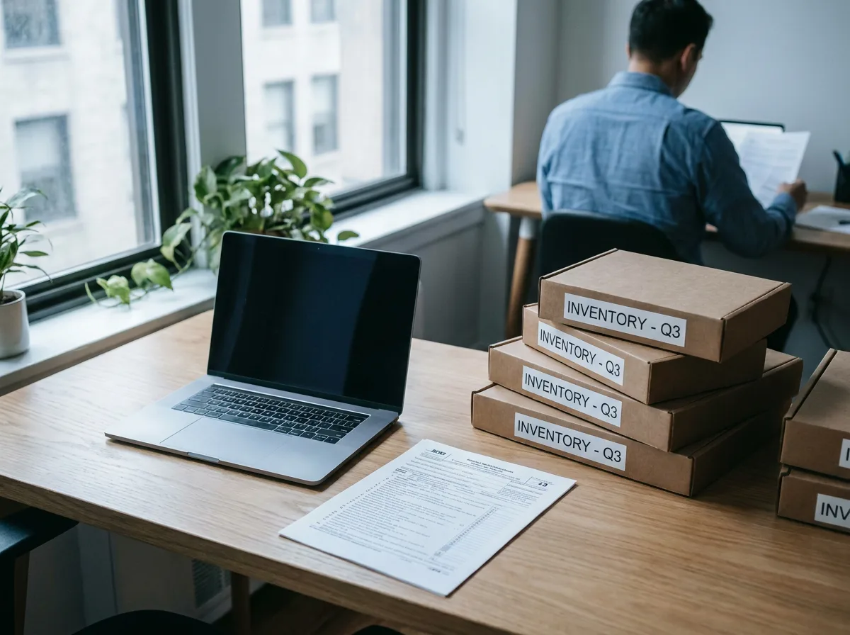 Office desk with stacked cardboard boxes, laptop, and IRS Form 8283 document, person reviewing papers in background