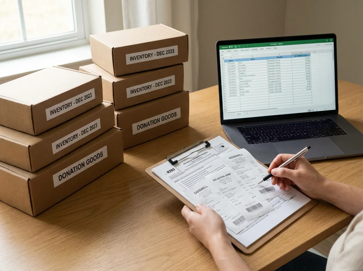 Organized desk with stacked inventory boxes, clipboard with IRS Form 8283 and donation receipts, and laptop displaying spreadsheet in natural light