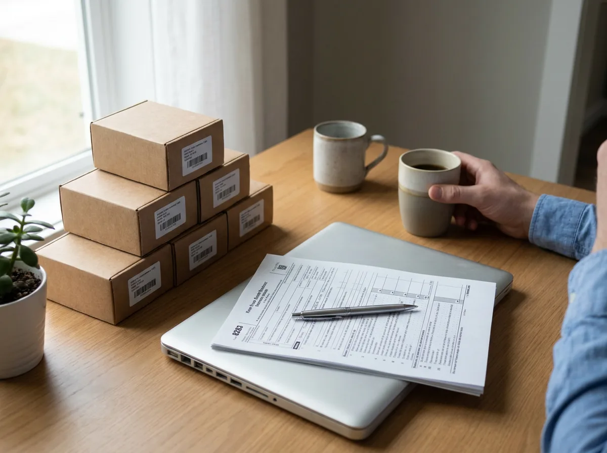 Office desk with stacked inventory boxes, IRS Form 8283, laptop, and pen by window