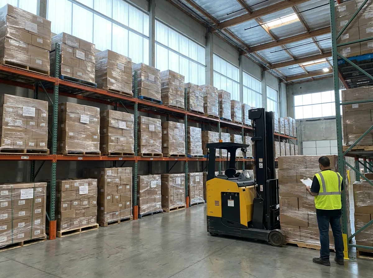 Warehouse interior with tall steel shelving, palletized inventory, parked forklift, and worker in safety vest with clipboard
