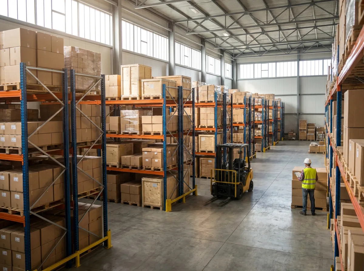 Modern warehouse interior with steel racking, palletized goods, parked forklift, and worker with clipboard