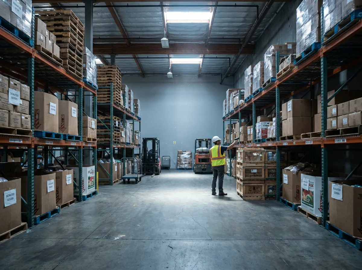 Warehouse interior with tall metal shelving holding labeled boxes and pallets, worker scanning inventory in distance, natural light from skylights