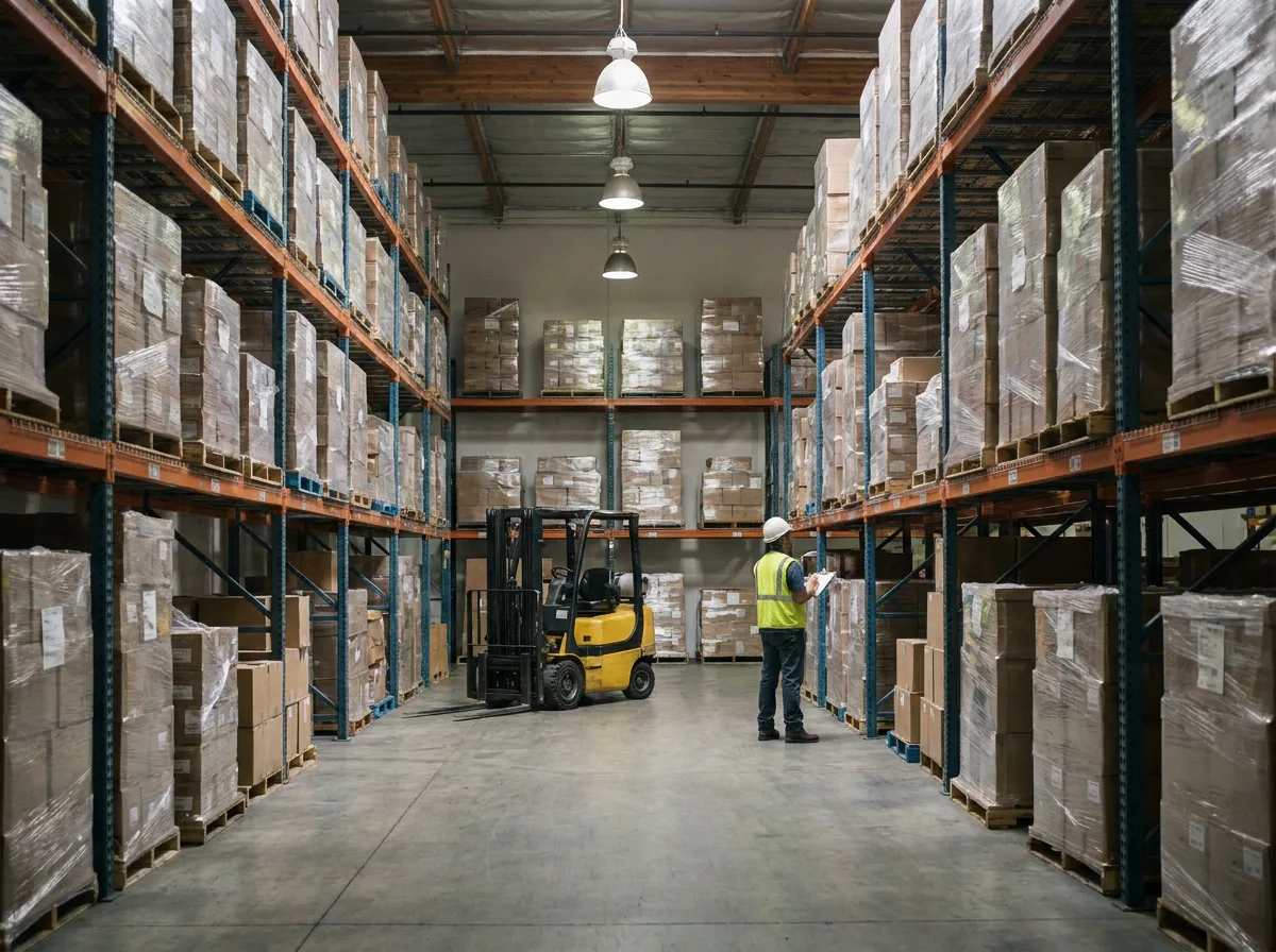 Interior of warehouse with metal shelving units stacked with palletized boxes, forklift in aisle, and worker with clipboard in distance