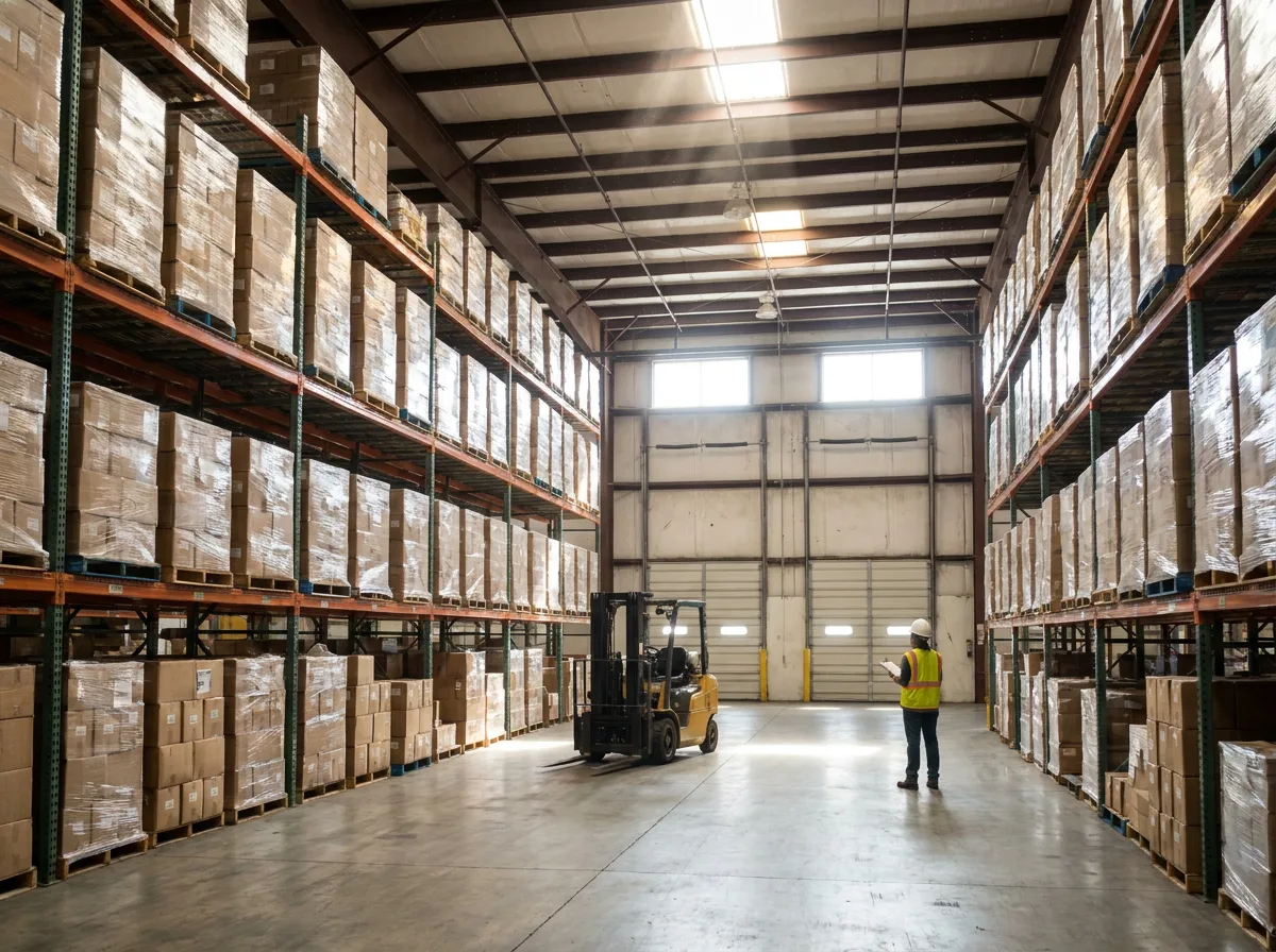 Florida warehouse interior with steel shelving, stacked palletized boxes, parked forklift, and worker with clipboard near loading dock
