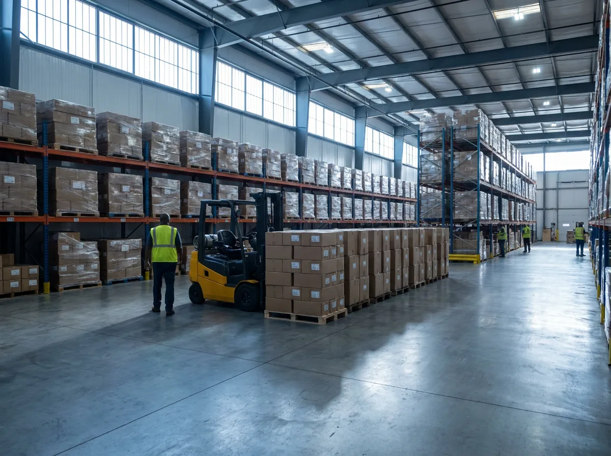 Large warehouse interior with metal racking, stacked palletized boxes, parked forklift, and morning light through high windows