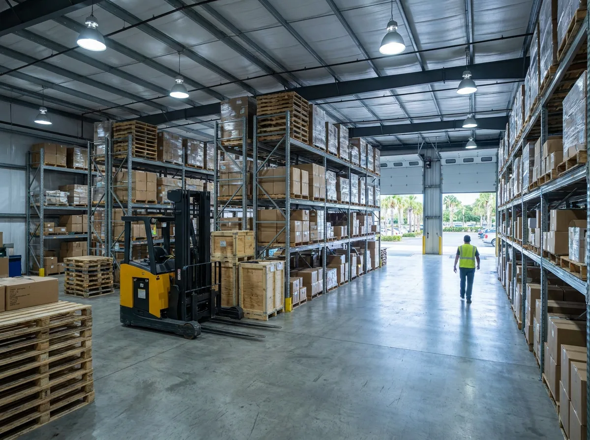 Florida warehouse interior with tall metal shelving, stacked palletized boxes, parked forklift, and loading dock doors