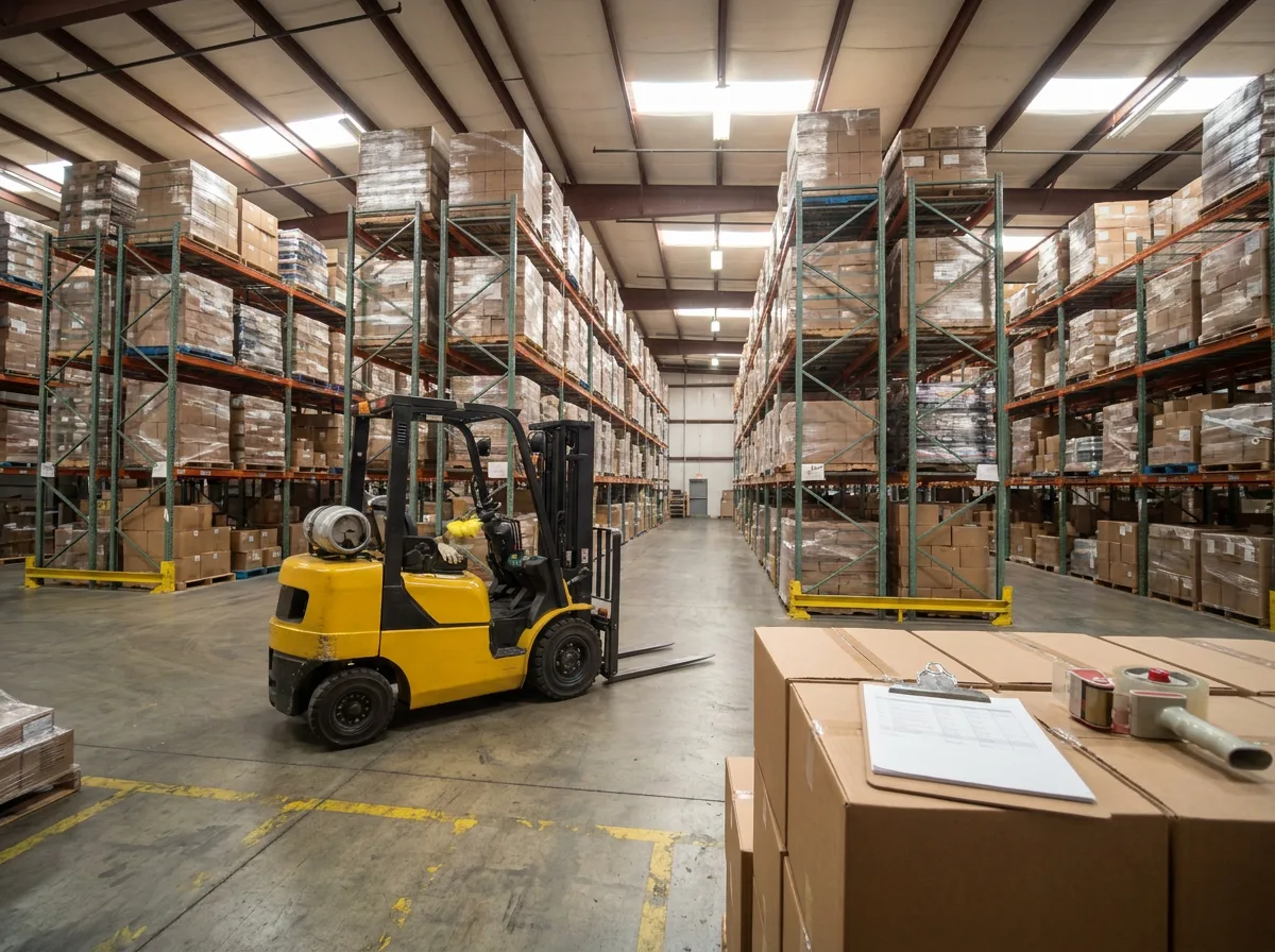 Warehouse interior with tall metal shelves holding palletized inventory, parked forklift, and clipboard on boxes
