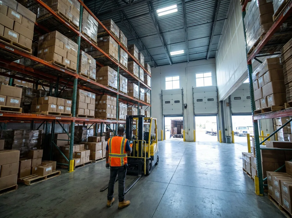 Warehouse worker in safety vest scanning inventory with handheld device near forklift and tall metal racking systems