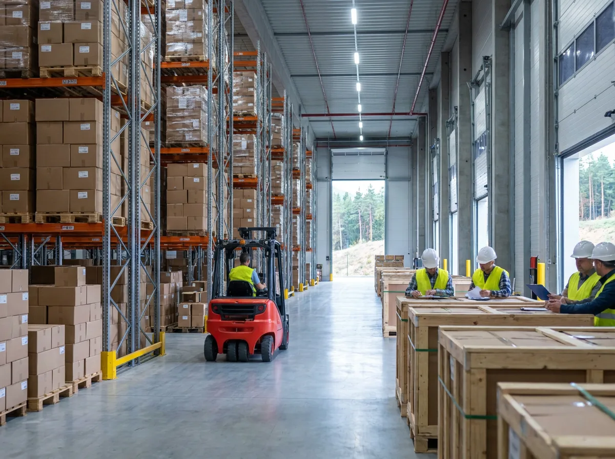 Large warehouse interior with metal shelving units holding palletized inventory, forklift moving boxes, and workers in safety vests near stacked cr…