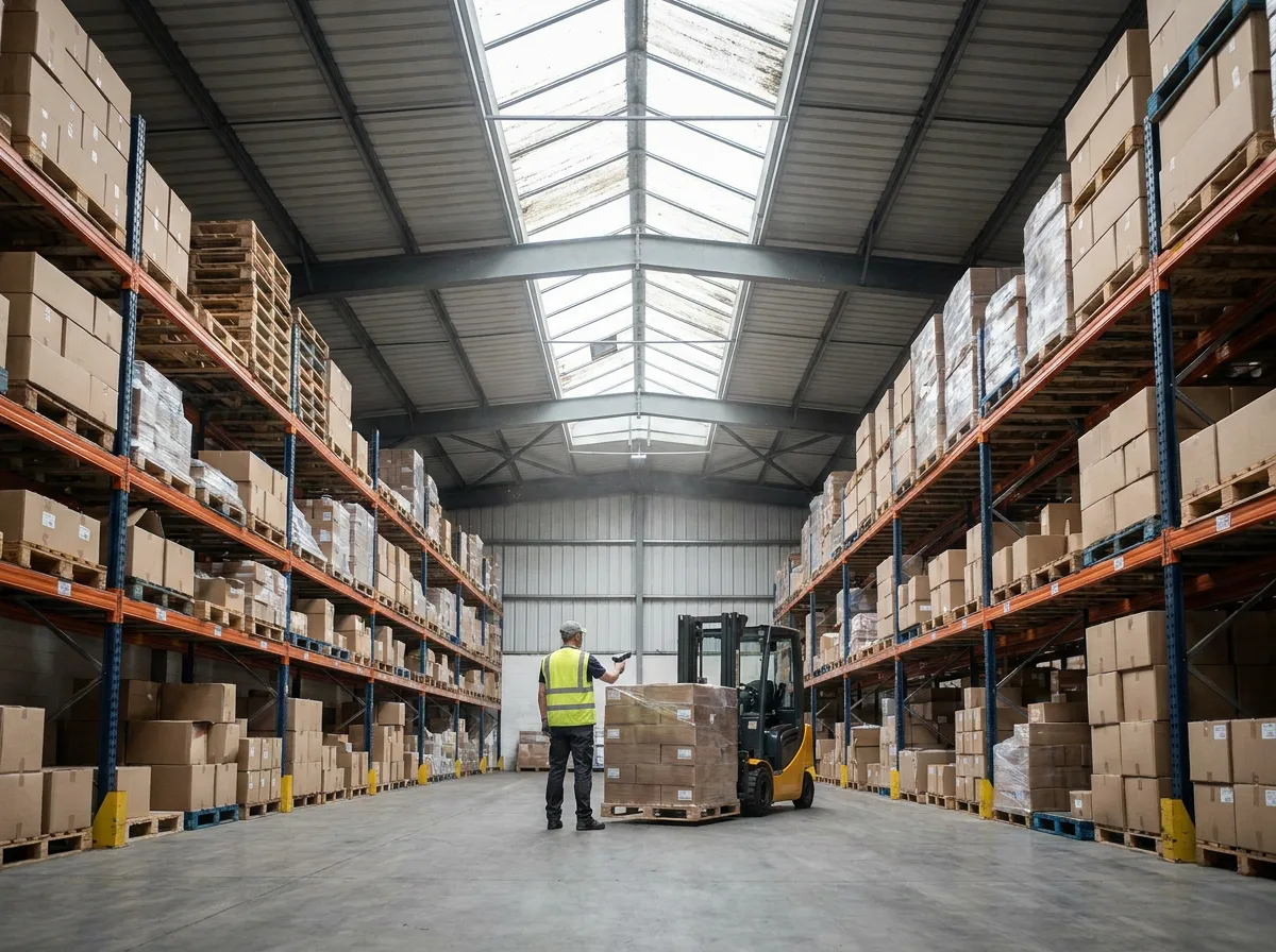 Georgia warehouse interior with tall metal shelving, stacked boxes and pallets, worker scanning inventory near forklift