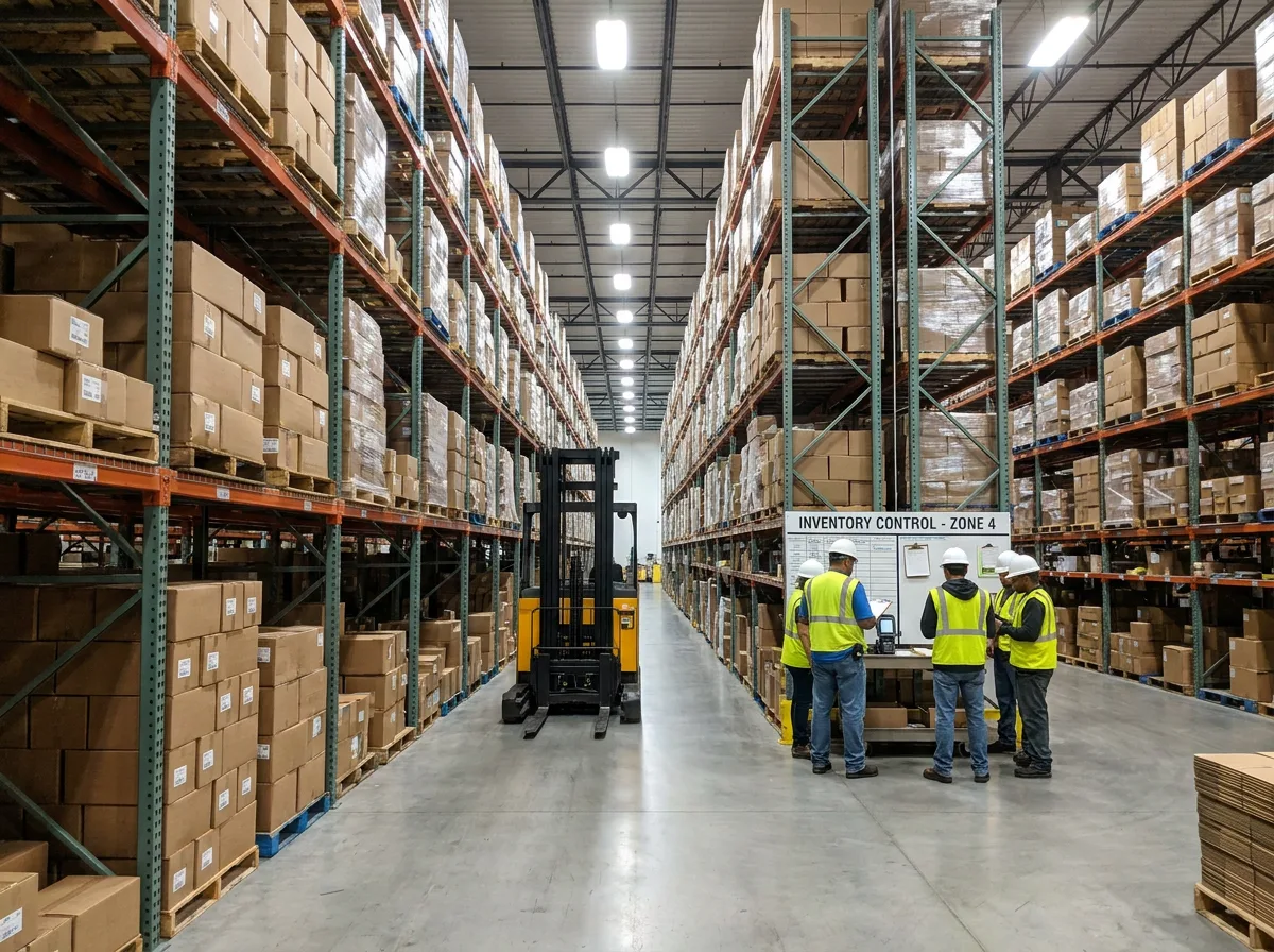 Georgia warehouse interior with metal shelving, stacked palletized boxes, parked forklift, and workers with clipboards reviewing inventory