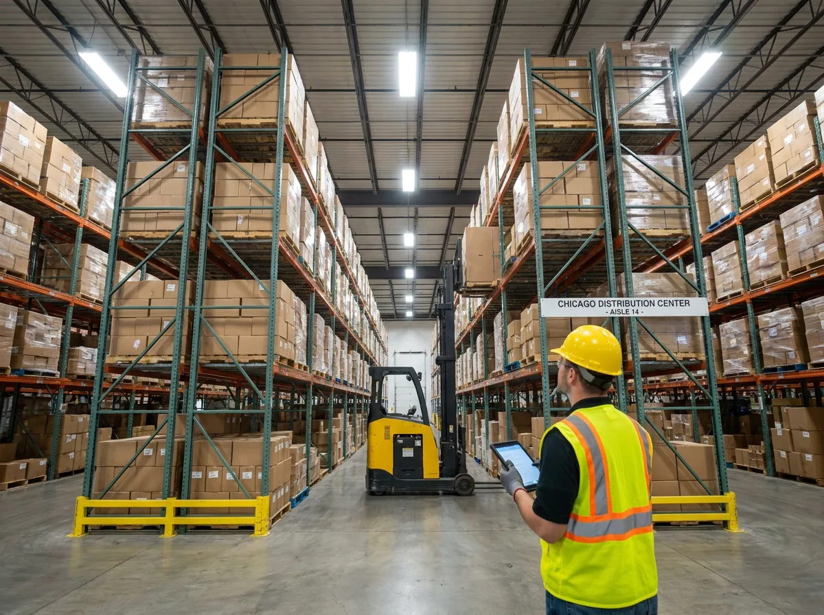 Worker in safety vest holding tablet near forklift in warehouse with tall shelving stocked with palletized boxes