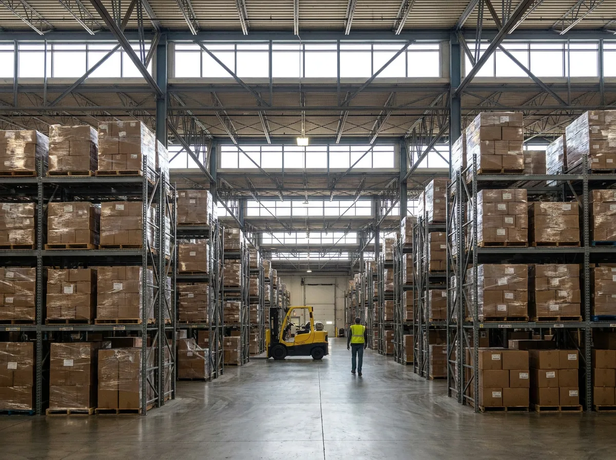 Large warehouse interior with tall steel shelving, stacked pallets, parked forklift, and concrete floors