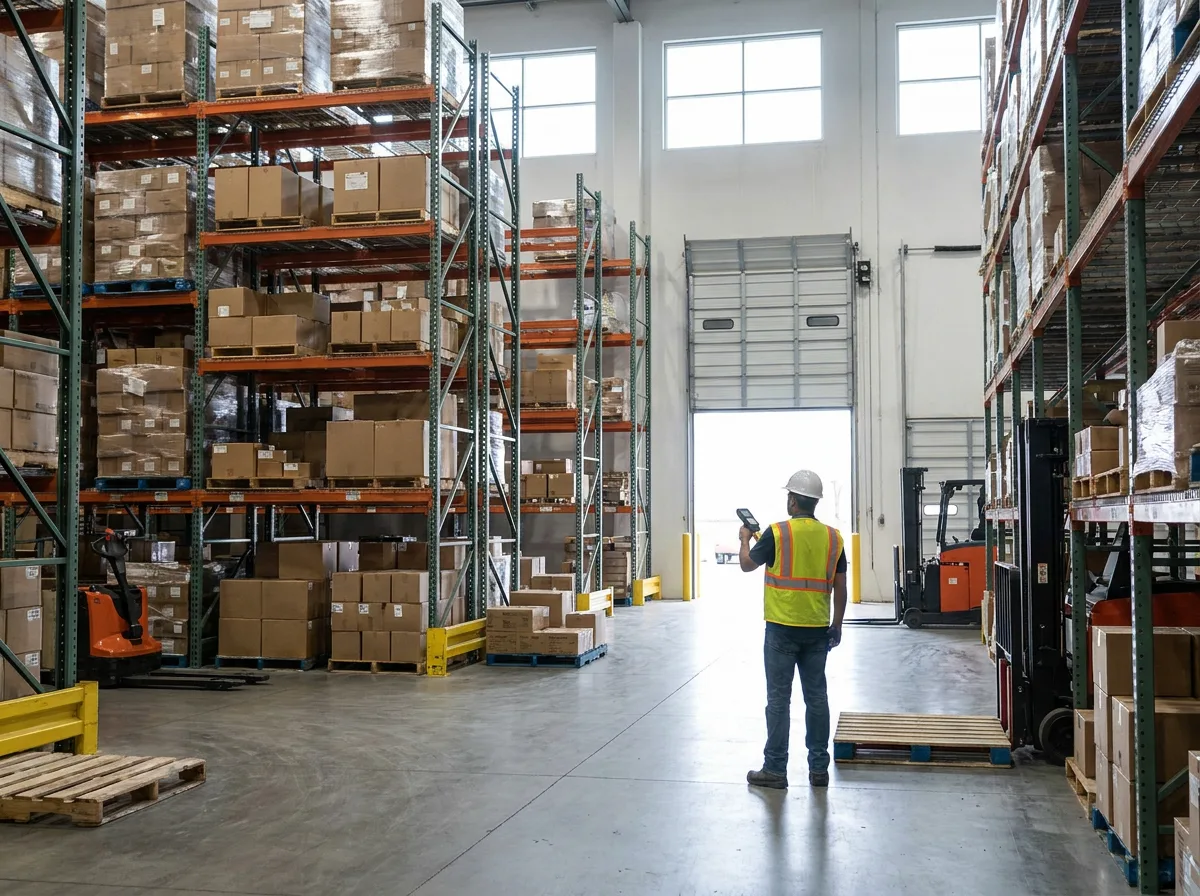 Warehouse interior with tall metal shelving, labeled boxes and pallets, worker scanning inventory near loading dock