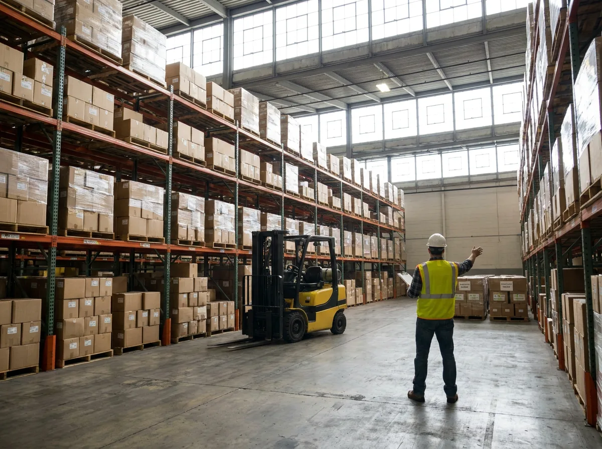 Interior warehouse with steel shelving, stacked palletized boxes, parked forklift, and worker with clipboard reviewing inventory