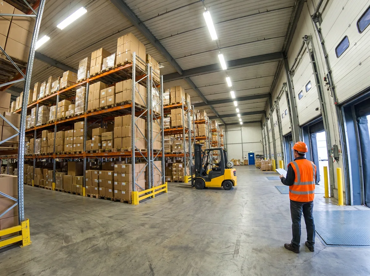 New Jersey warehouse interior with metal shelving, stacked pallets, parked forklift, and worker in safety vest with clipboard near loading dock