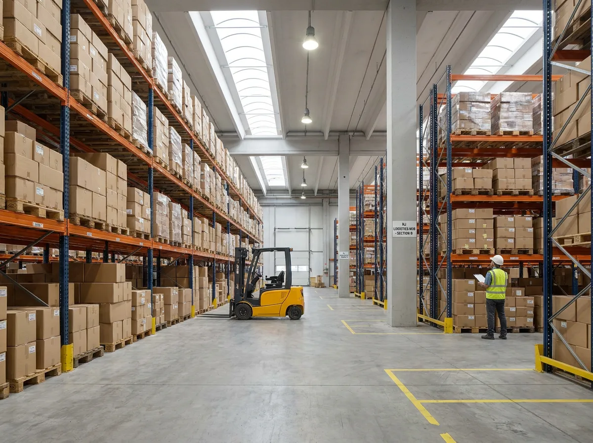 New Jersey warehouse interior with metal racking, stacked pallets, parked forklift, and worker reviewing inventory under skylights