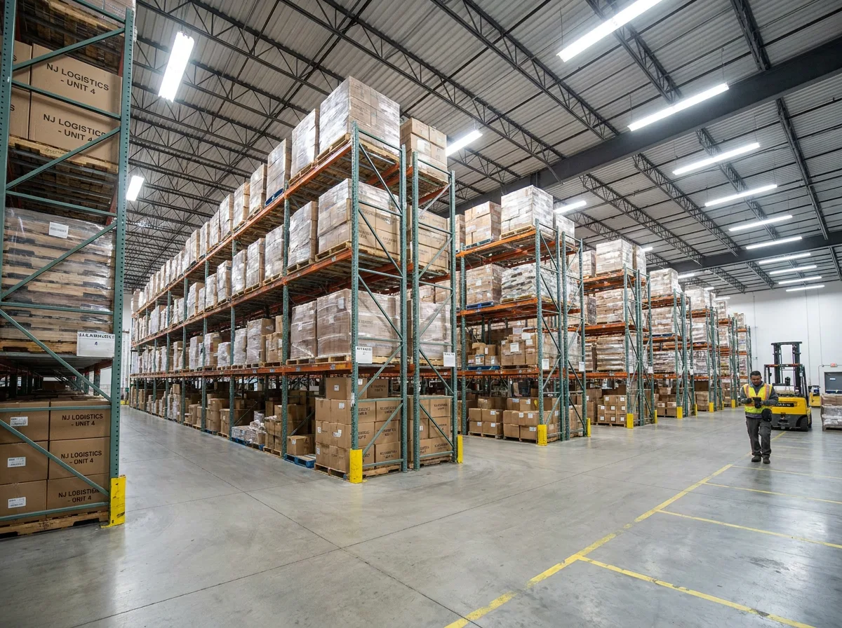 New Jersey warehouse distribution center with metal shelving, labeled boxes, worker using handheld scanner near forklift
