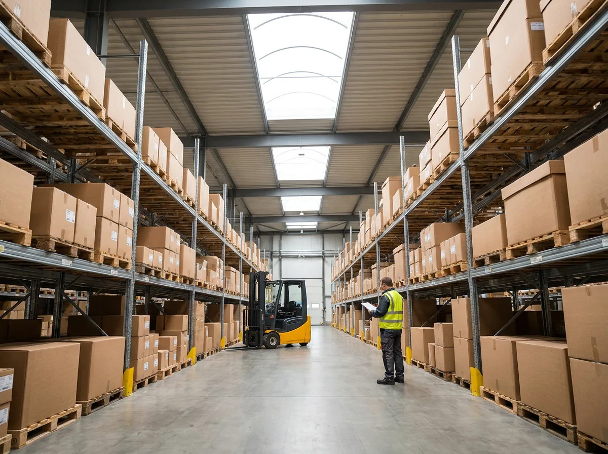 Interior warehouse with metal shelving, stacked palletized boxes, parked forklift, and worker with clipboard checking inventory