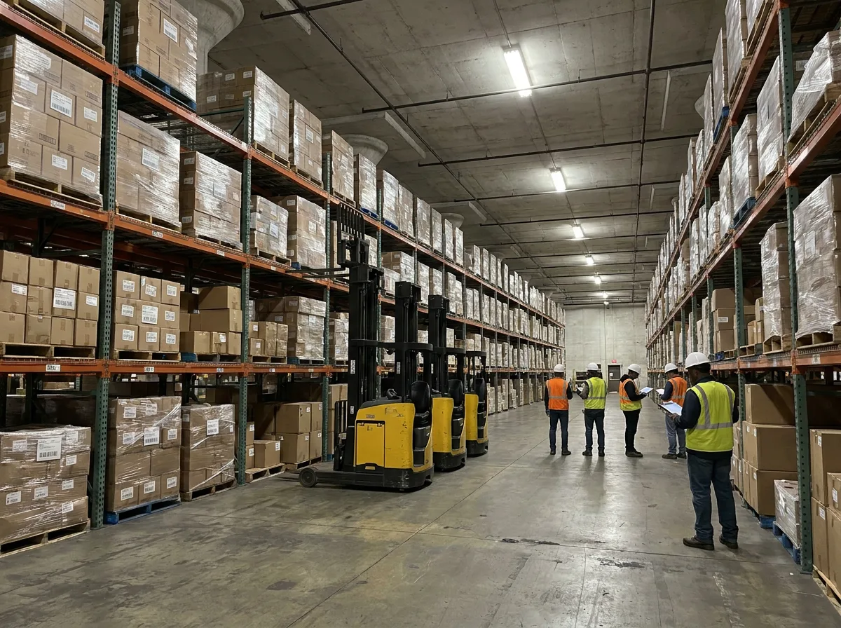 Warehouse interior with tall steel shelving, labeled pallets, parked forklifts, and workers with inventory clipboards