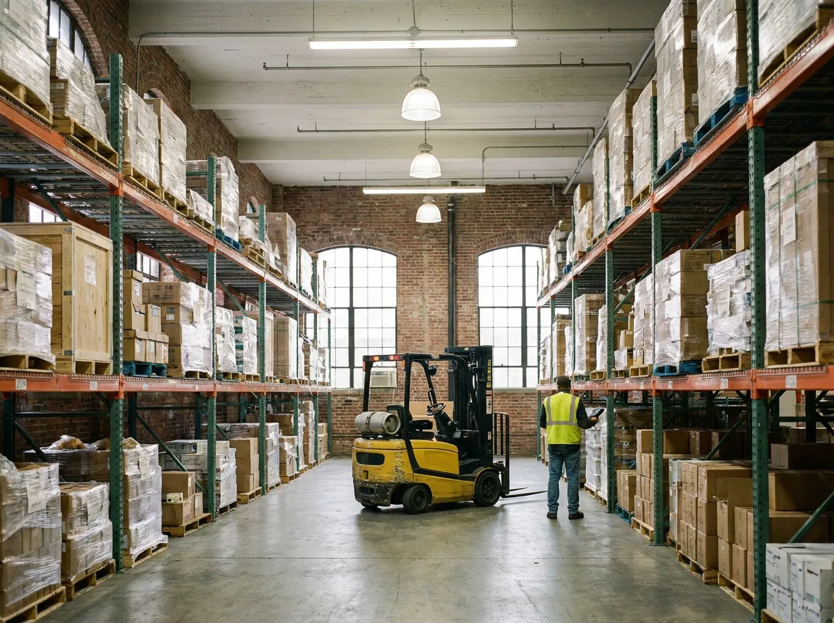 Industrial warehouse interior with tall steel shelving, stacked pallets, and parked forklift under overhead lighting