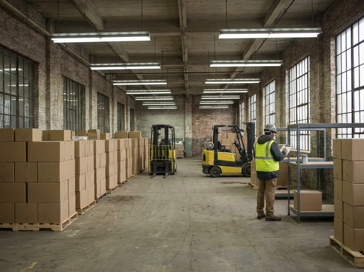 Warehouse interior with stacked pallets, parked forklifts, and worker checking clipboard under industrial lights