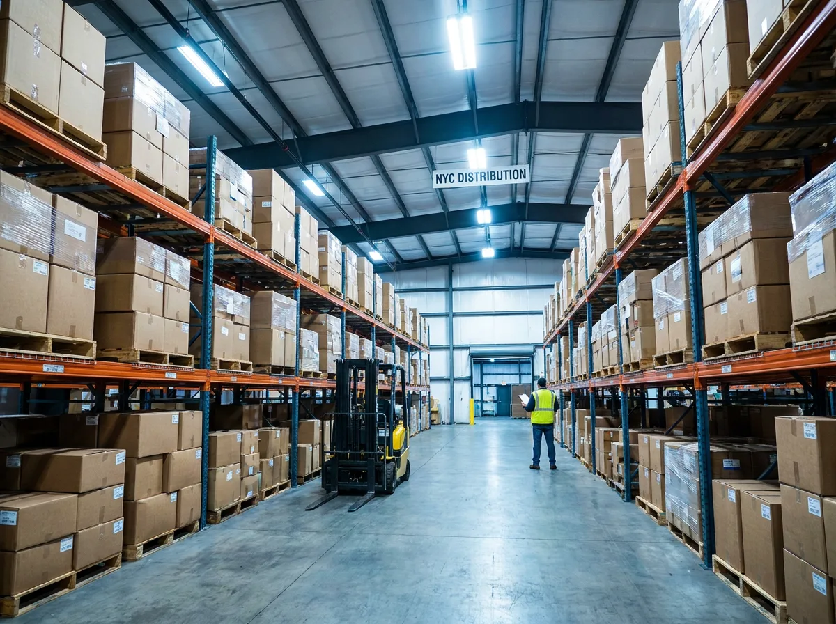 Warehouse distribution center interior with tall metal shelving, stacked pallets, forklift, and worker with clipboard