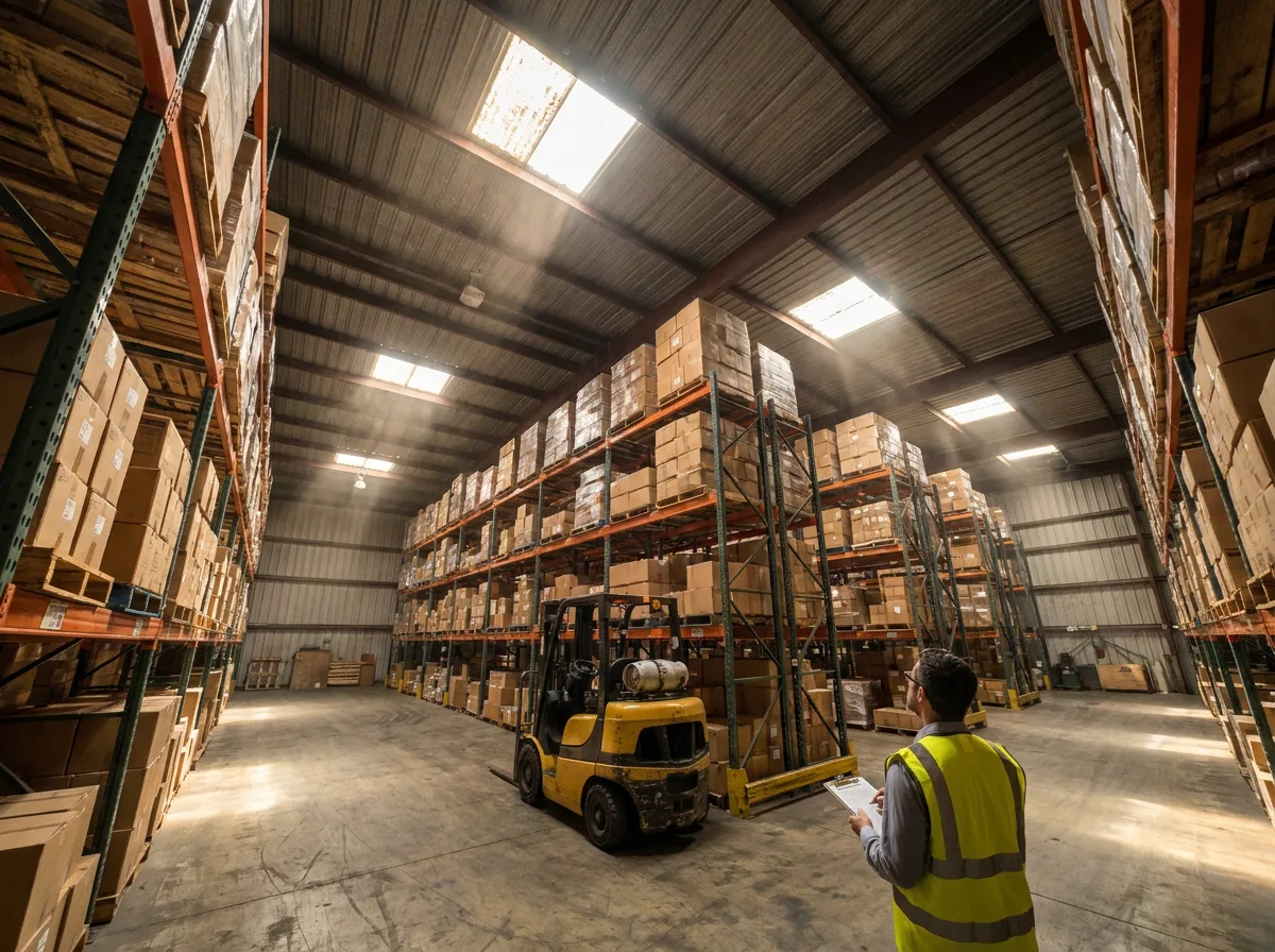 Warehouse interior with tall steel racks of palletized goods and parked forklift under skylights