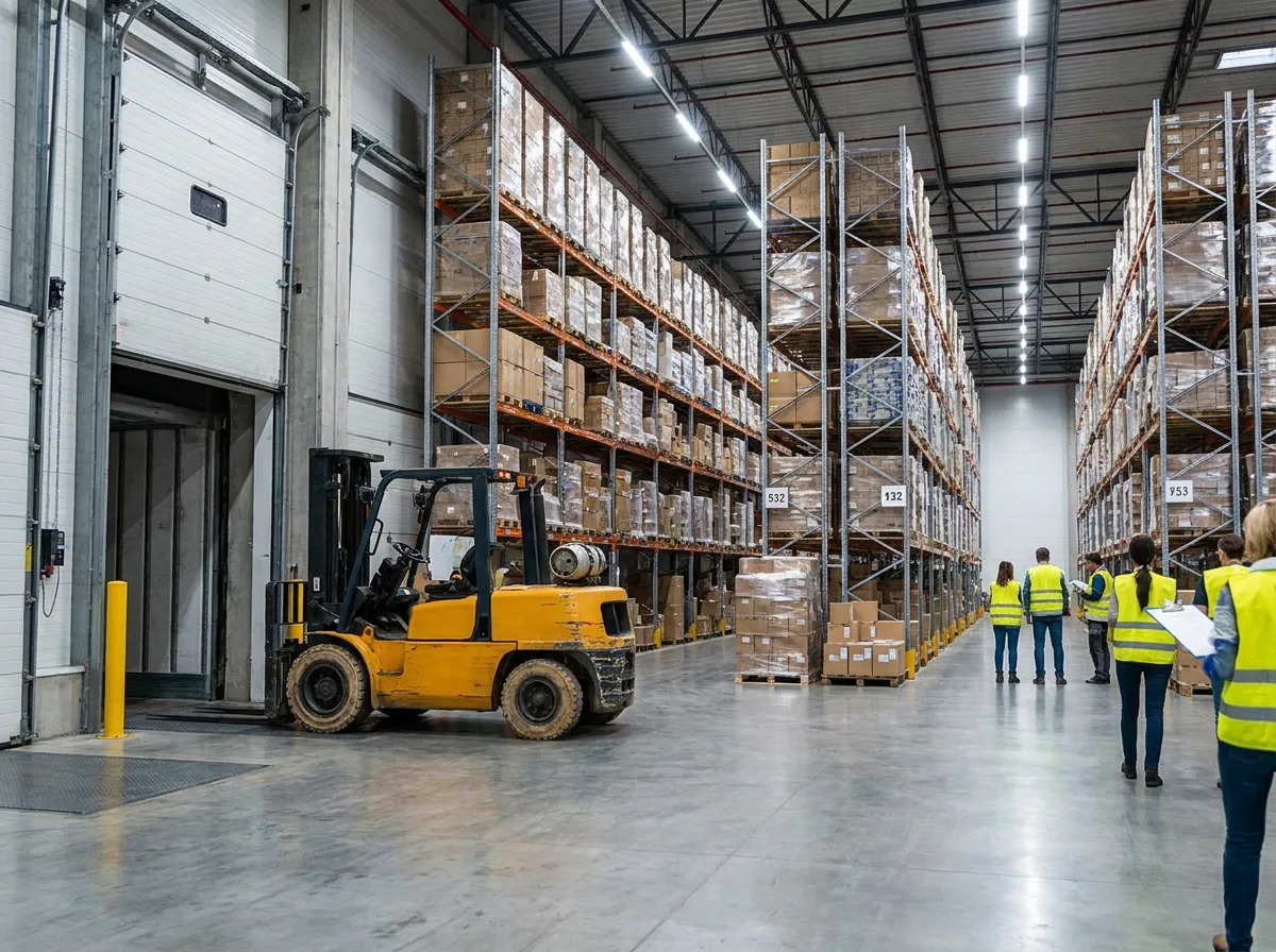 Texas warehouse distribution center with tall steel racks of palletized boxes, forklift at loading dock, workers with clipboards reviewing inventory