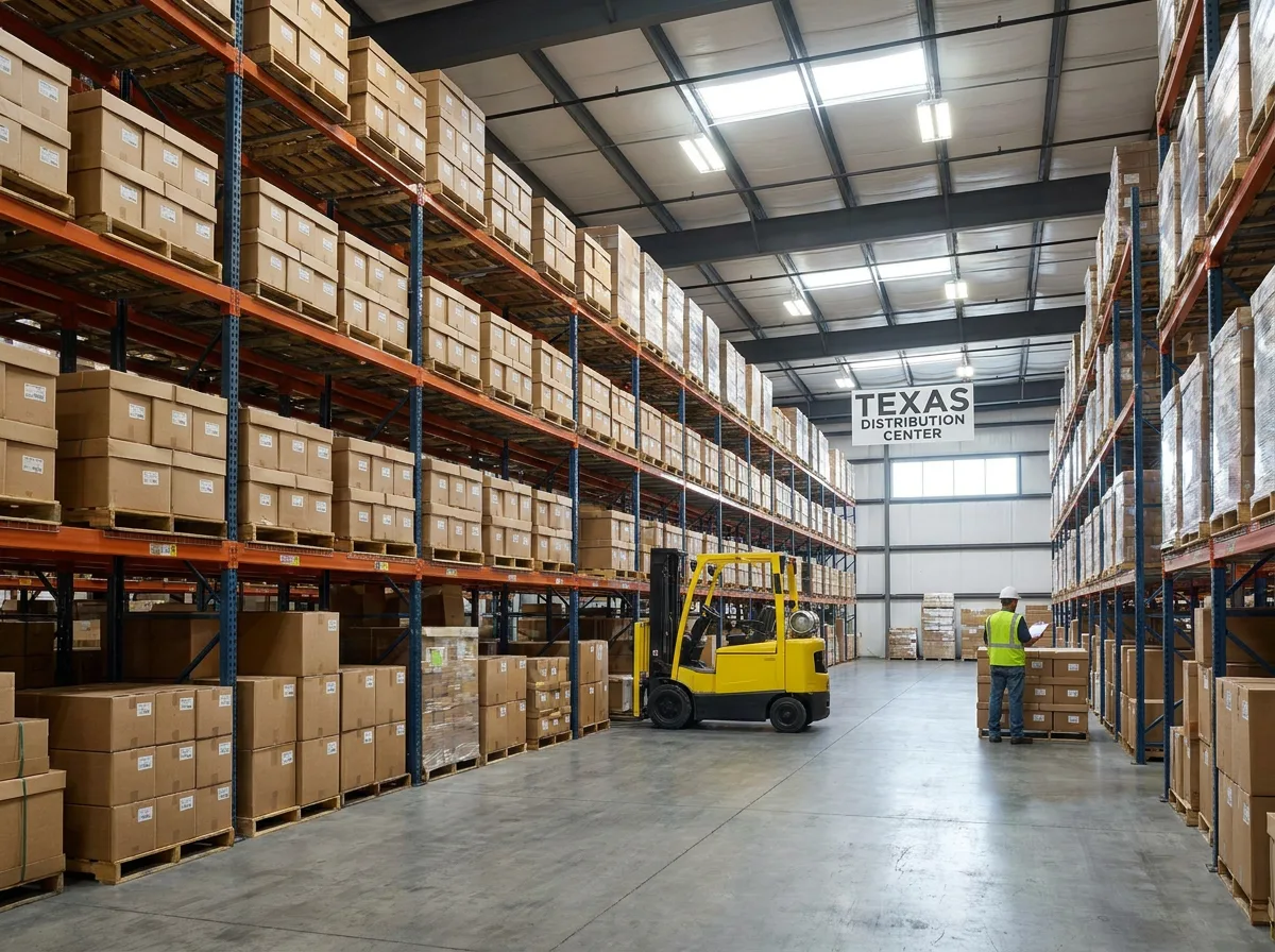 Warehouse interior with metal shelving, stacked palletized boxes, parked forklift, and worker with clipboard