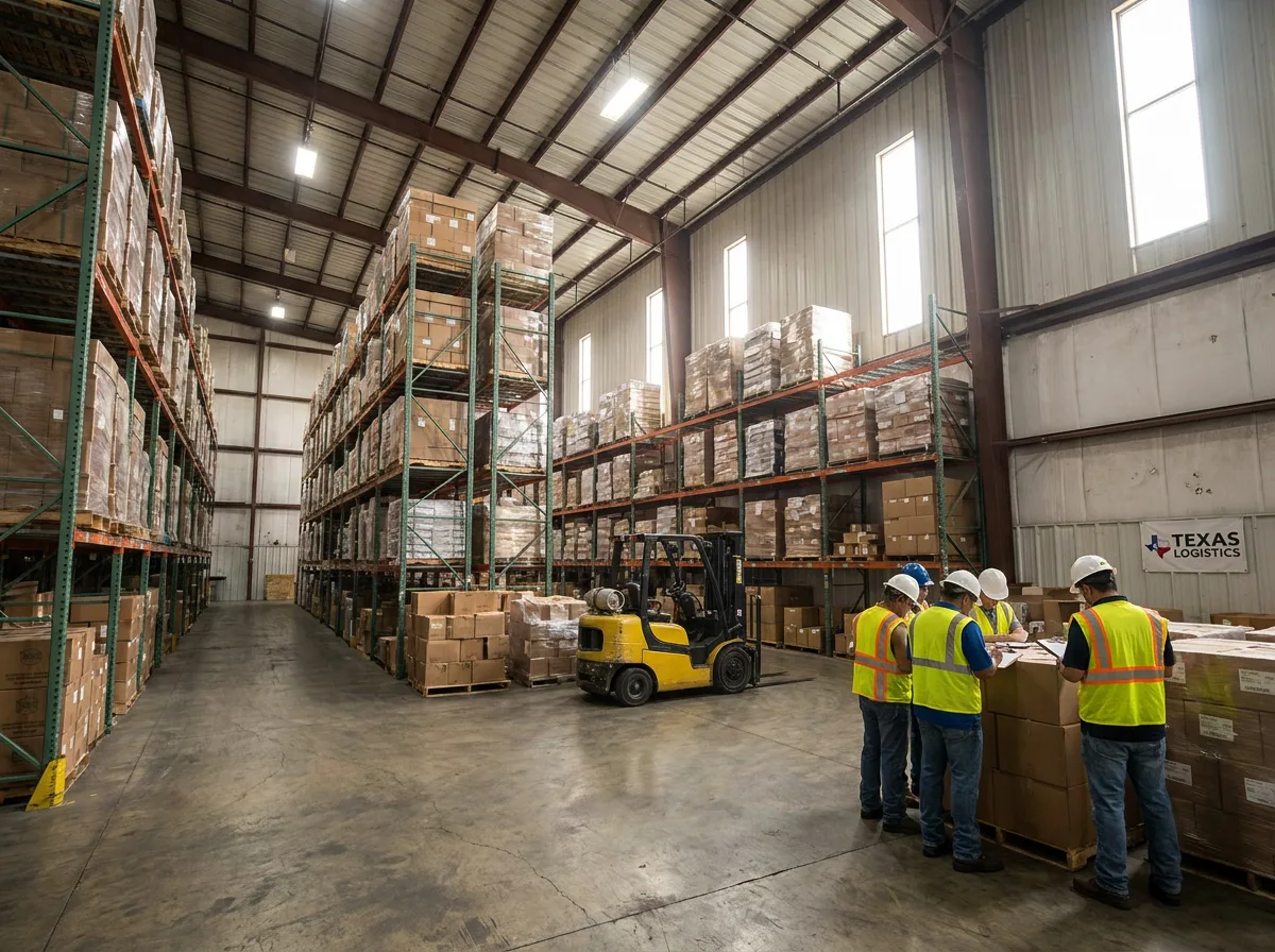 Metal shelving stocked with pallets in a Texas warehouse, forklift in aisle, workers with clipboards reviewing inventory near stacked boxes