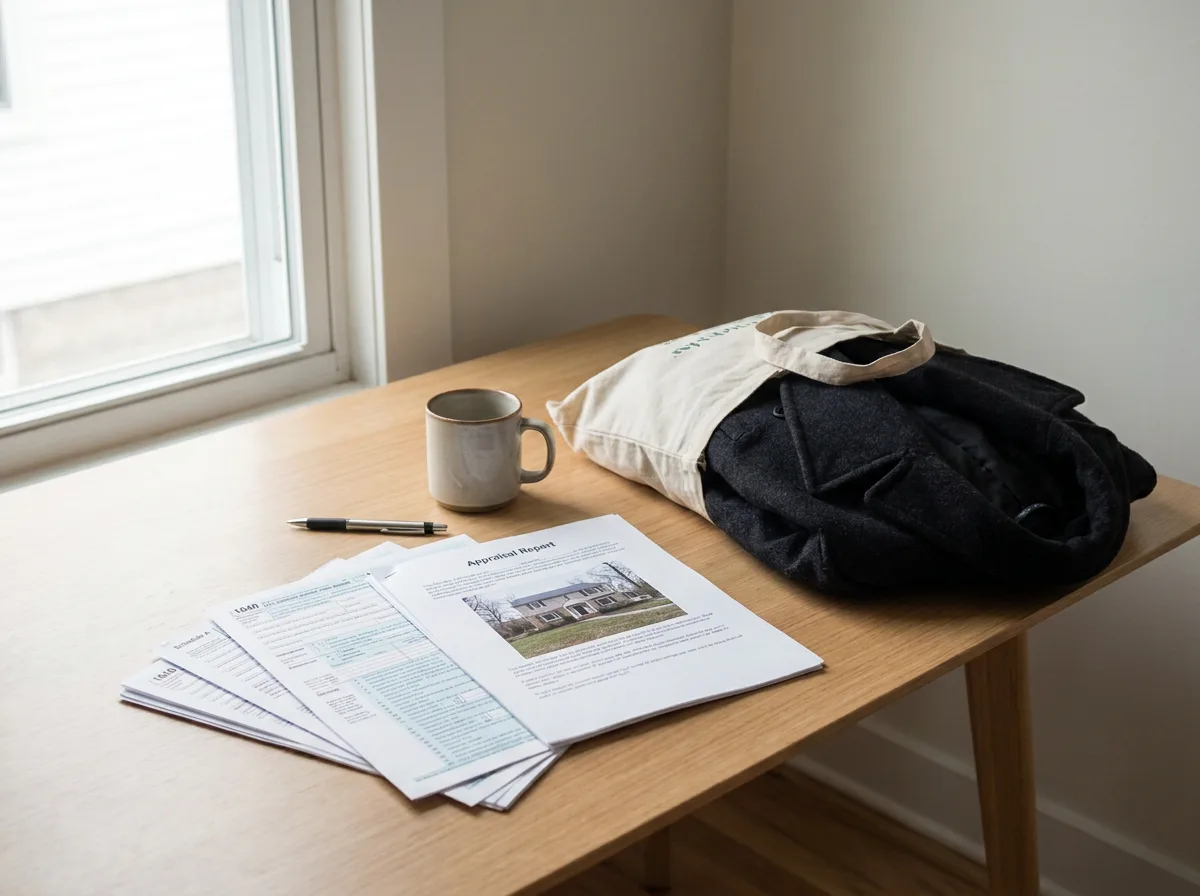 Tax forms, appraisal document, and folded coat arranged on desk under natural light