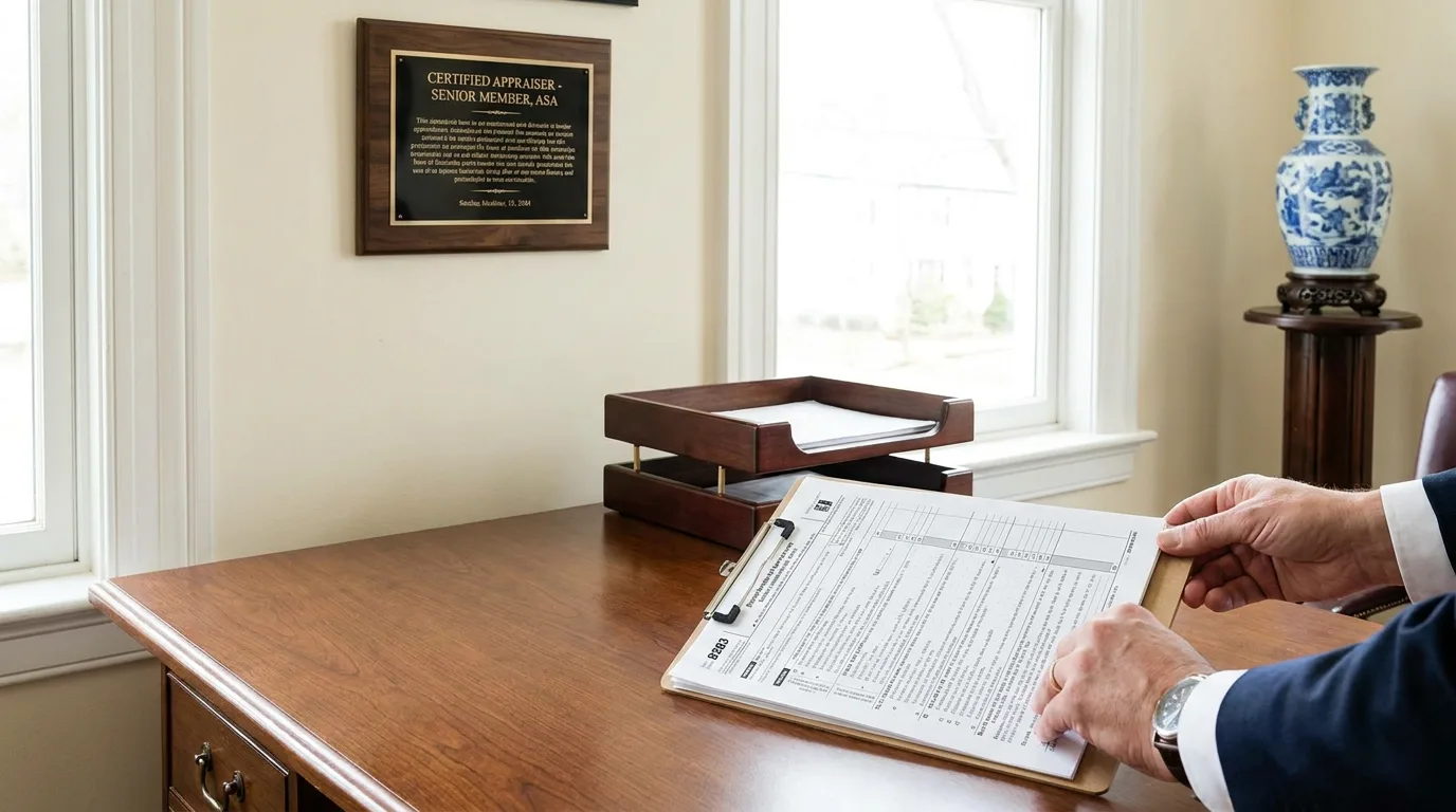 Professional appraiser's desk with completed IRS Form 8283, certification plaque on wall, and antique porcelain vase on display stand